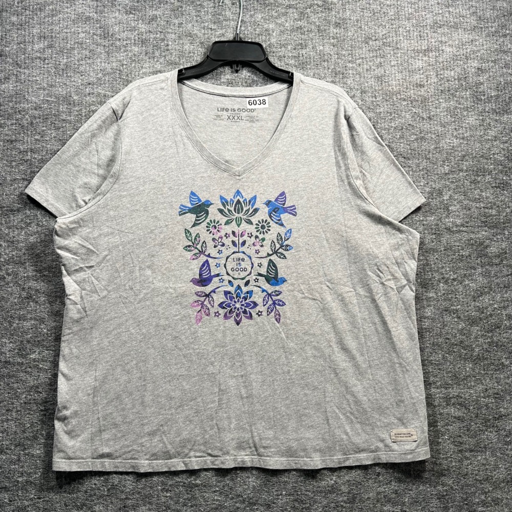 Life is Good Womens XXXL Gray Crusher V-Neck Graphic T-Shirt Birds Flowers